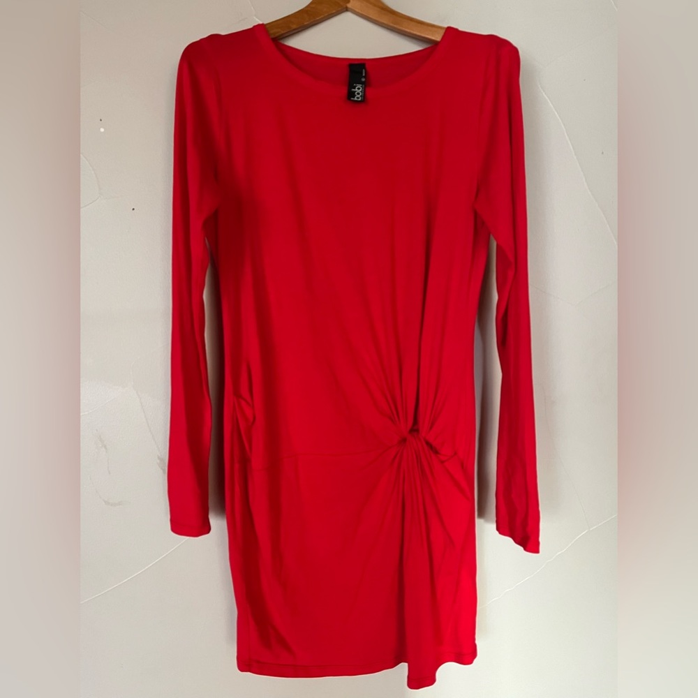 Bobi Los Angeles scarlet red bodycon dress long sleeve, twisted knot detail Sz L